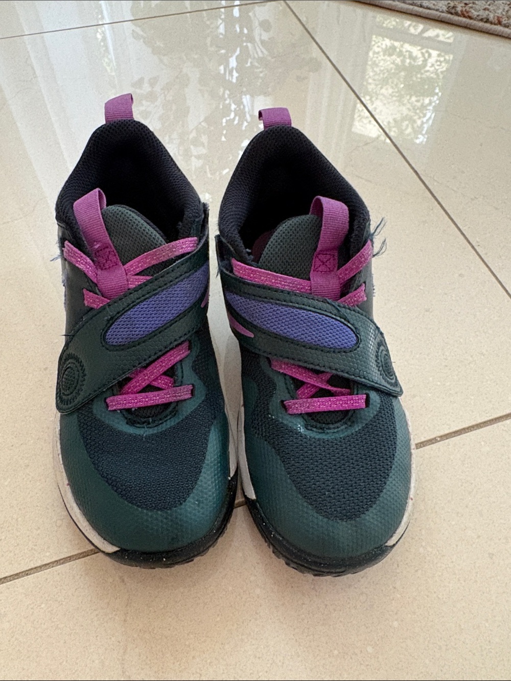 Kids Athletic Shoes in Dark Green with Purple Accents